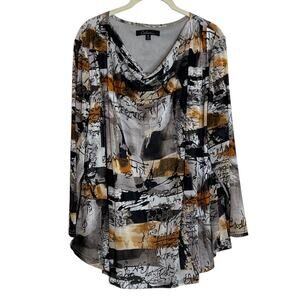 Calessa Womens Blouse 1X Gold Multi Print Mesh Overlay Cowl Neck 3/4 Sleeve